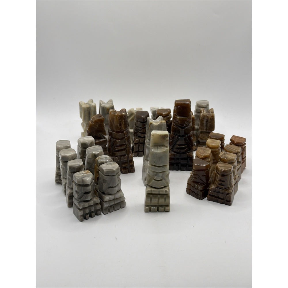 Vintage Hand Carved Onyx Chess Pieces Complete Set, 32 Pieces, Stunning